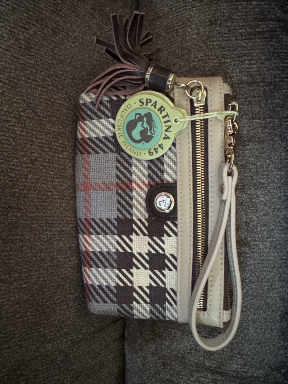 Spartina Plaid Wristlet Wallet in Beige and Brown
